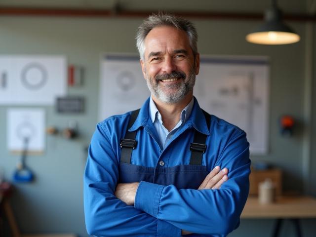 Experienced plumber proudly standing in a modern work environment.
