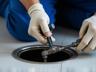 Plumber using professional equipment to clear a drain.
