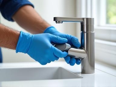 Hands installing a new kitchen faucet.